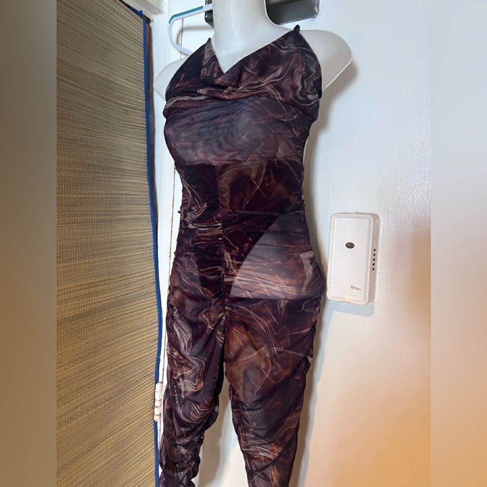 Bodycon jumpsuit ruffle bottom halter top cross cross back sky lighting tye dye